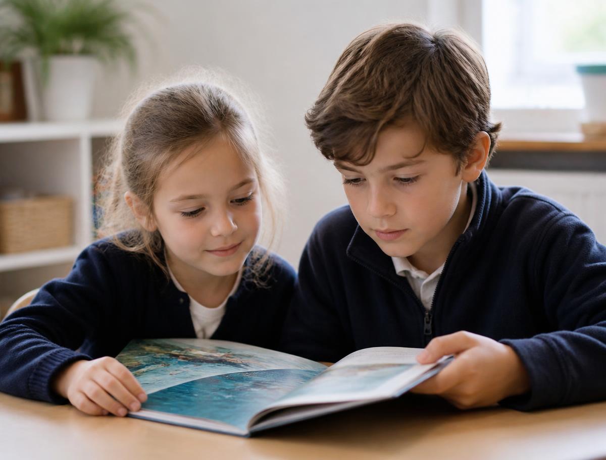 A child reading a book with an adult listening and encouraging them